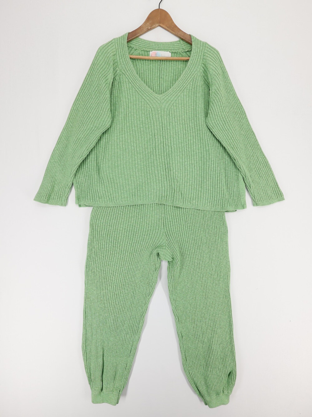 FP Beach Sweater Pant Set Womens L Green Ribbed Knit V Neck 2 Piece Lounge
